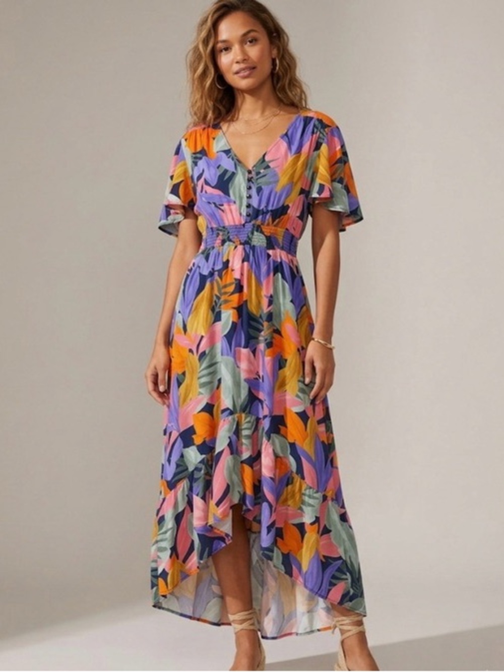 Anthropologie Abel The Label Tropical Leonard High Low Maxi Dress Ruffle Size S